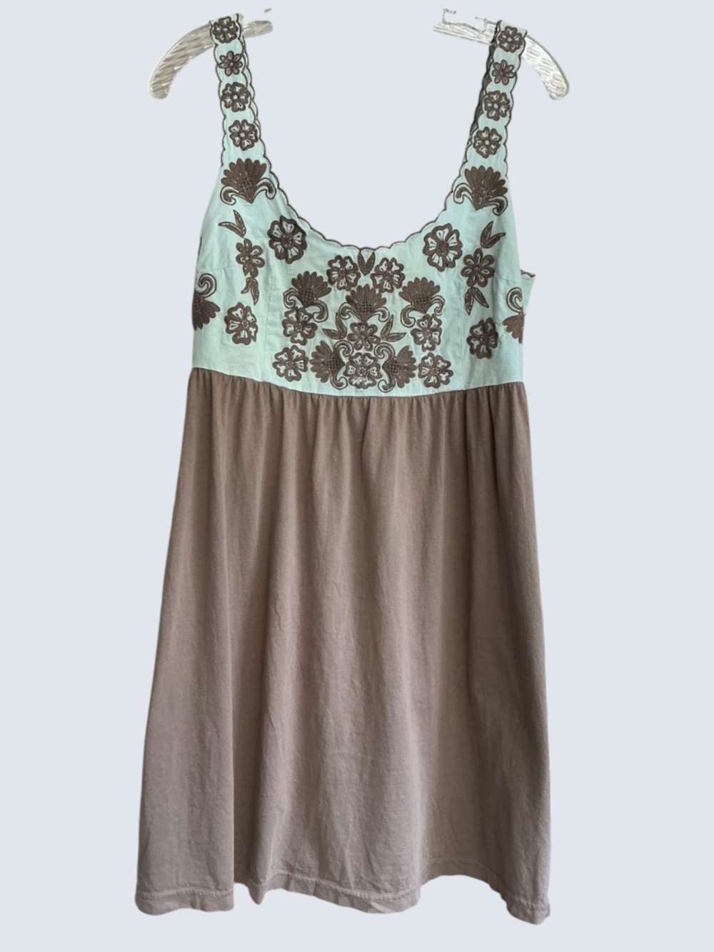 Anthropologie Feather Bone Vintage Embroidered Jersey Knit Brown Blue Dress M